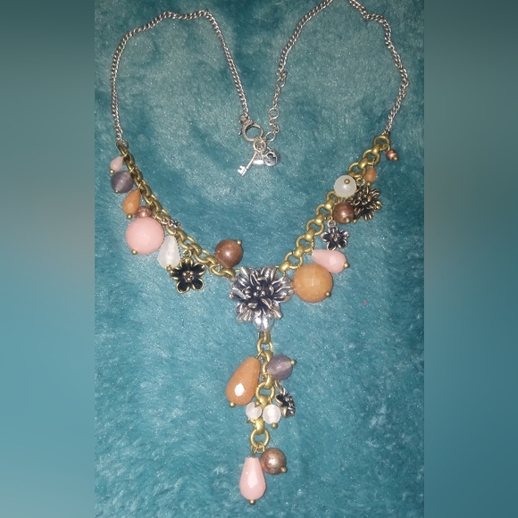 Fossil Necklace Gorgeous Drop With Mixed Metal Flowers And Neutral Beads - Picture 6 of 6